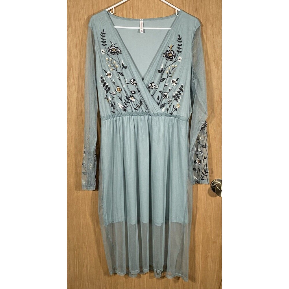 Women's XL Dress Seafoam Green Embroidered Floral Sheer Ethereal Romantic Fairy